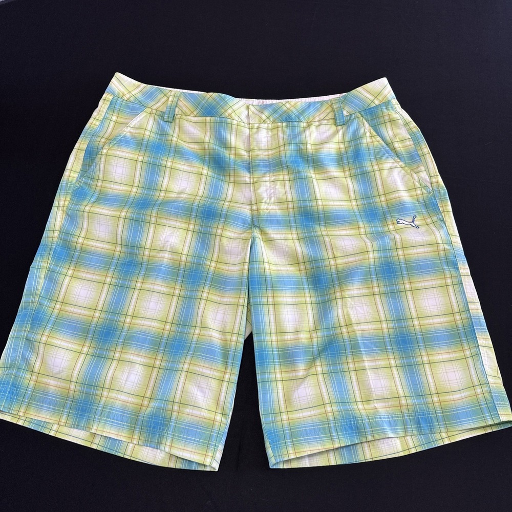 Puma Golf Shorts Men 38 Green Blue Yellow Plaid Performance Flat Front Dry Cell